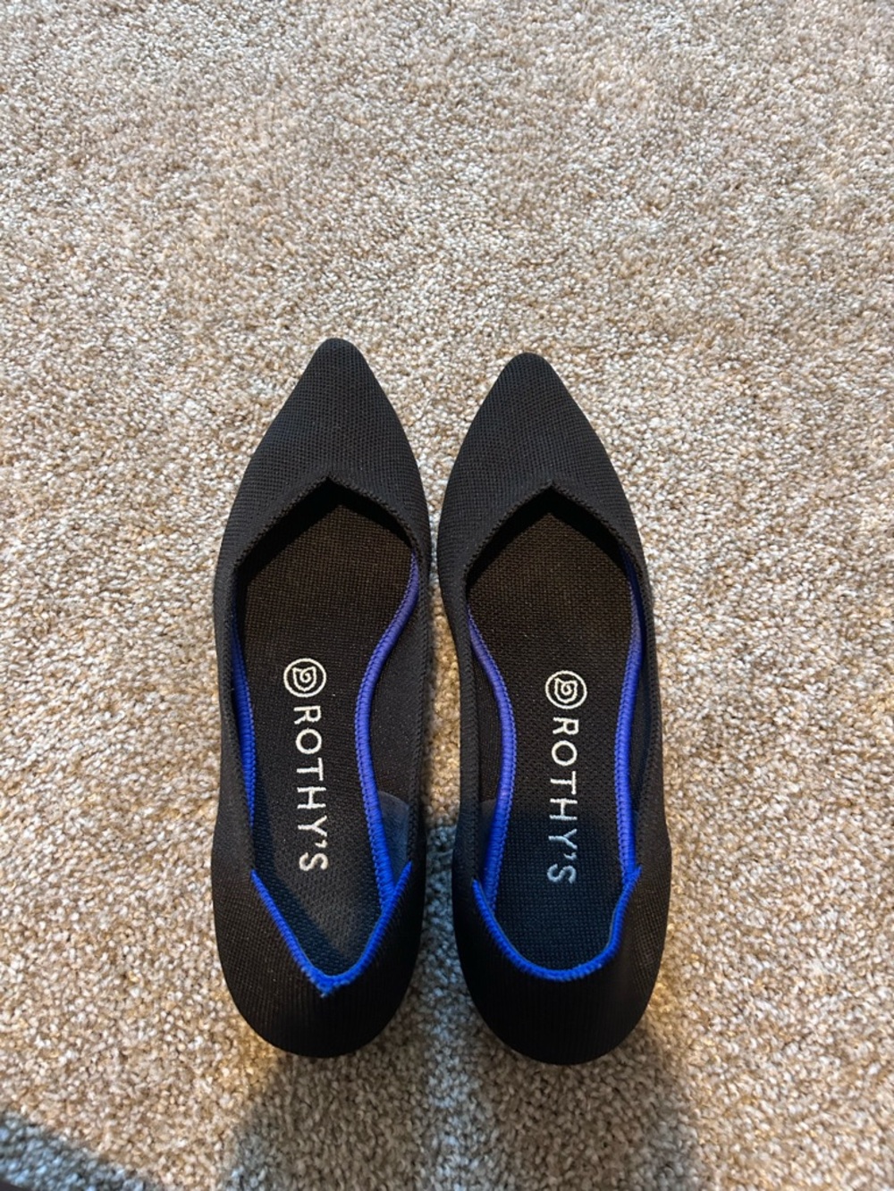 Rothy's Black Pointed Knit Flats with Blue Trim